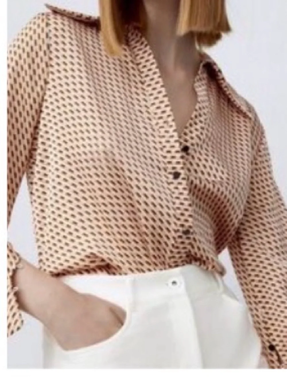 Zara Cream and Brown Geometric Button-Up Blouse - Picture 5 of 5